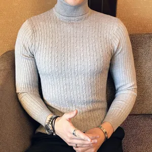 Men's grey cable knit turtleneck sweater, slim fit thermal winter pullover base layer.