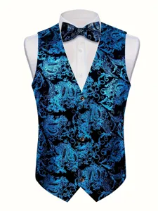 Men's blue paisley tuxedo vest with matching bow tie slim fit formal business waistcoat