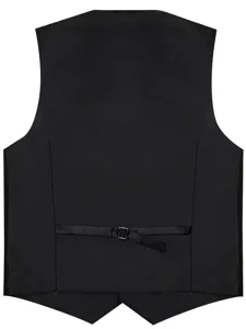 Men's black suit vest back view formal wear with adjustable back strap for business style.
