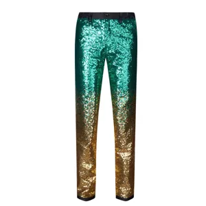 Pantaloni da abito slim con paillettes verde oro da uomo, perfetti per spettacoli.