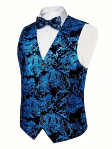 Men's blue paisley suit vest and matching bowtie, stylish golden print formal waistcoat.