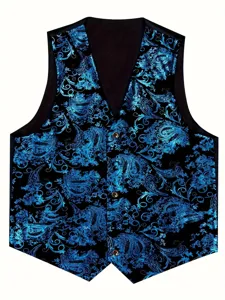 Men's blue foil print black suit vest V-neck formal business waistcoat detail view