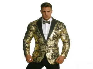 Men's fashion black and gold paisley pattern suit jacket, stylish slim fit blazer for party.