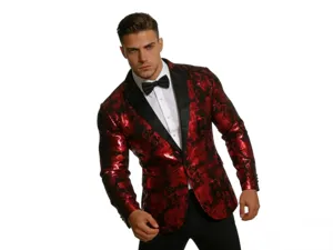 Mens metallic red paisley suit jacket stylish party blazer close up product detail view