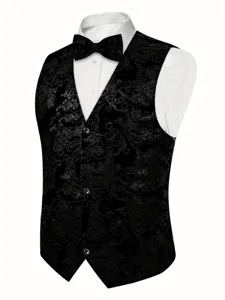 Classic black paisley men's vest featuring fine floral details, paired with a neat shirt.
