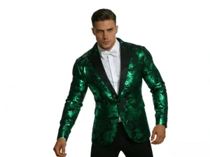 Detailed view of men's metallic green paisley suit jacket with black lapel for fashion style.