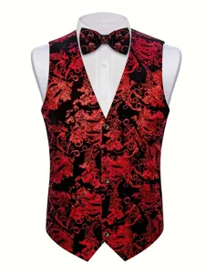 Men's Elegant Red Gold Paisley Suit Vest Formal Dress Waistcoat with Matching Bow Tie