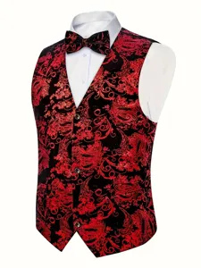 Men's red and black paisley jacquard suit vest with matching bow tie, casual formal waistcoat.