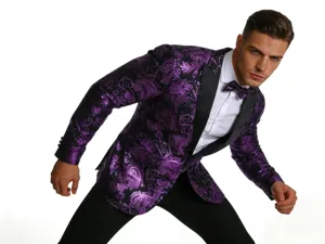 Men's fashion purple paisley sequin blazer jacket, stylish European fit party suit top.