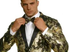 Detailed view of luxury black and gold paisley mens suit jacket with elegant satin lapel.