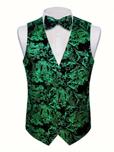 Men's gold stamping suit vest and bow tie set, vintage paisley casual formal waistcoat.