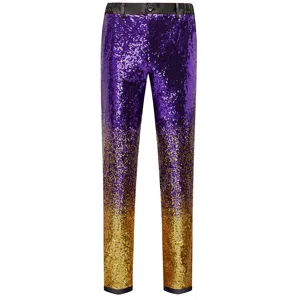 Pantaloni da uomo slim in paillettes con sfumatura viola e oro per feste spettacolo matrimonio.