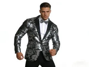 Stylish men metallic silver black paisley tuxedo blazer jacket with matching bow tie.