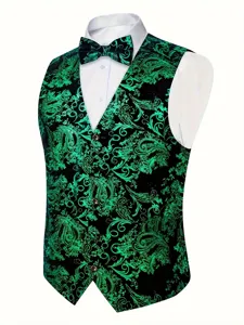 Men's green bronzing paisley vest formal casual suit waistcoat with white shirt and bow tie.
