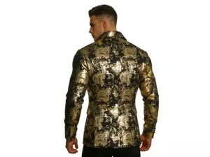 Back view detail of men's black and gold paisley suit jacket, fashion European style blazer.
