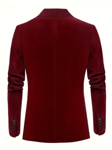 Vista trasera detallada de chaqueta blazer de terciopelo rojo para hombre, botones.