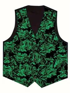 Men fashion slim fit waistcoat detailed view green paisley pattern formal business suit vest