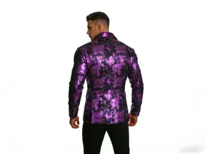 Detailed view of the back of a men's purple paisley patterned fashion suit blazer jacket.