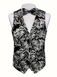 Detail shot of a classic black and white paisley men waistcoat and bow tie set, elegant design.