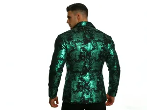 Detailed view of mens green metallic paisley suit jacket showing premium glossy floral print.