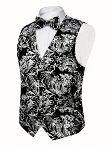 Detail view of men black and white paisley suit vest and bow tie set, elegant formal wear.