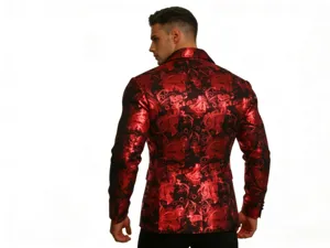 Back view detail of men's red paisley jacquard blazer, stylish slim fit fashion suit jacket.
