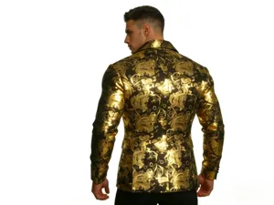 Men's luxury gold paisley print suit jacket, European size fashion slim fit blazer coat detail.