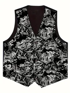Men's black and white paisley print vest V-neck formal waistcoat exquisite detail view