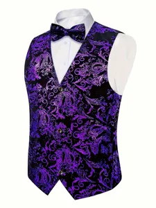 Purple paisley vest detail, elegant bronze pattern, matching bow tie and buttons view.