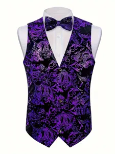 Men purple paisley waistcoat detail, stylish gold stamping formal vest for business party.