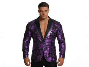 Detailed view of the stylish men's purple paisley suit jacket with sleek black lapel.