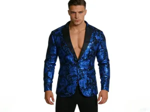 Men's European size blue paisley fashion suit jacket blazer for modern style apparel.