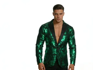 Detailed view of the shiny green paisley blazer jacket with black lapel and metallic finish.
