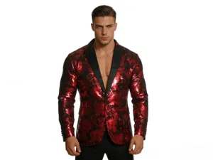 Men fashion red black paisley blazer detail, stylish suit jacket texture and slim fit design.