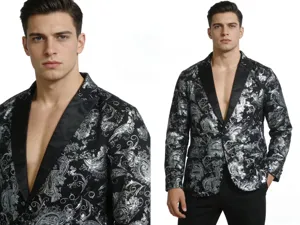 Detailed view of men's black and silver paisley print suit jacket with satin lapel.