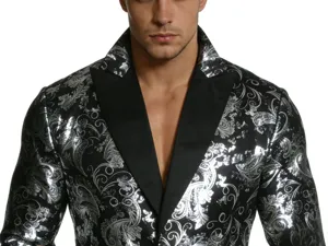 Detailed view of a men's stylish black and silver paisley blazer, European size fashion jacket.