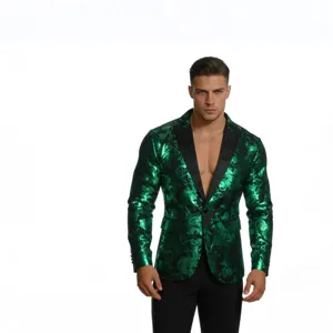 Men green paisley metallic blazer stylish party suit jacket single button slim fit upper