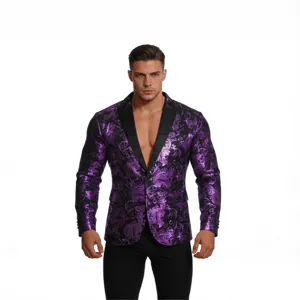 Men's purple paisley suit jacket stylish slim fit blazer for party wedding banquet wear.