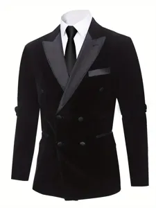 Men velvet double breasted blazer tuxedo jacket casual wedding groom winter suit outerwear