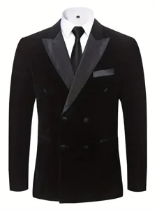 Men's Black Velvet Double Breasted Suit Jacket Classic Tuxedo Blazer for Wedding Party