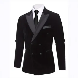 Men's Velvet Double Breasted Suit Jacket Elegant Black Blazer Tuxedo For Wedding Groomsman