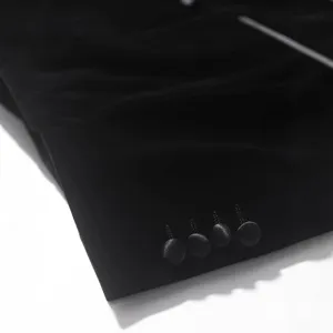 Black velvet men suit jacket sleeve detail luxury groom wedding tuxedo four button cuff elegant