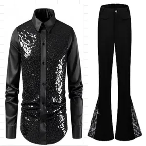 Men's black sequin shirt and matching flare pants detail, stylish stage dance costume set.