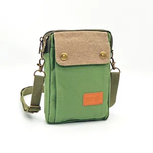 Green canvas crossbody phone bag for women, casual mini messenger bag with flap and strap.