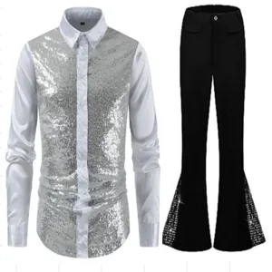 Detail view of the silver sequin patchwork long sleeve shirt and black bell bottom pants set.