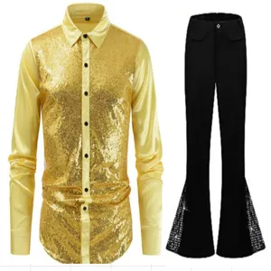 Men gold sequin long sleeve shirt and black flare pants set for stylish nightclub dance wear.