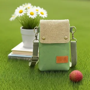 Green canvas crossbody phone bag with burlap flap, lightweight minimalist casual shoulder bag.