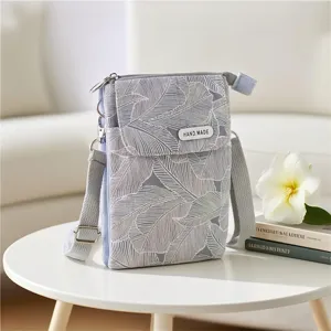 Women Canvas Crossbody Phone Bag Pastoral Leaf Floral Print Multi-Layer Casual Daily Small Shoulder Bag Handbag