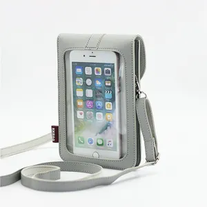 Borsa a tracolla grigia in pelle PU per smartphone con finestra touch e cinghia.