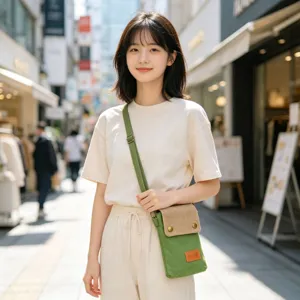 Detail view of a simple green canvas crossbody phone bag, casual lightweight style for women.